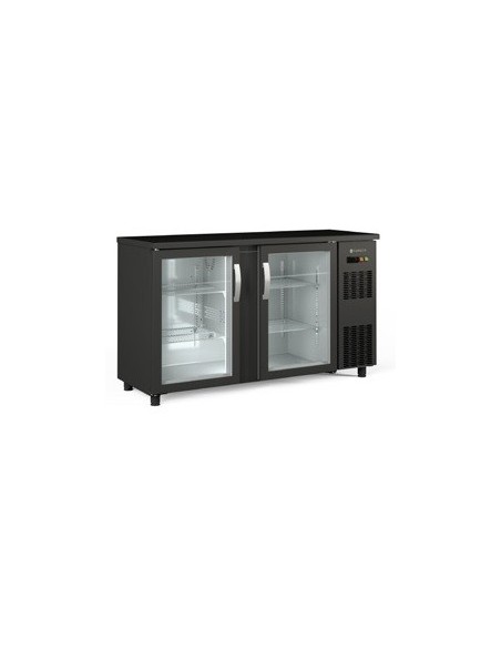 BAJO  MOSTRADOR ESTRECHO 2 PUERTAS  CRISTAL, COLOR NEGRO, MOD SBE-150, MEDIDAS :L 1465 X F 530 X ALTO 850 MM