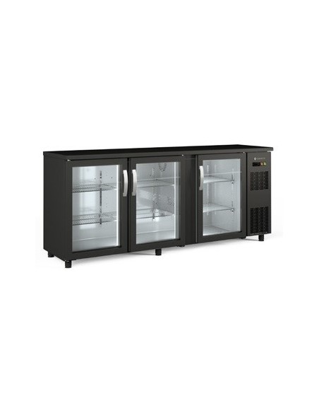 BAJO  MOSTRADOR ESTRECHO 3 PUERTAS  CRISTAL, COLOR NEGRO, MOD SBE-200, MEDIDAS :L 2005 X F 530 X ALTO 850 MM