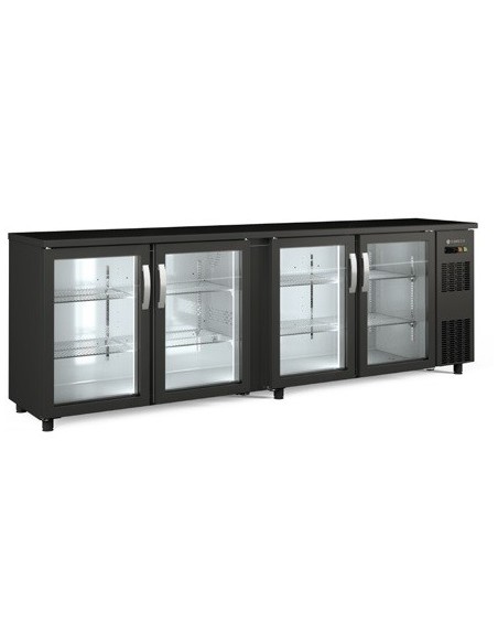 BAJO  MOSTRADOR ESTRECHO 4 PUERTAS  CRISTAL, COLOR NEGRO, MOD SBE-250, MEDIDAS :L 2545 X F 530 X ALTO 850 MM