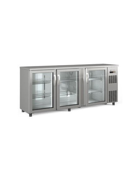 BAJO  MOSTRADOR ESTRECHO 3 PUERTAS  CRISTAL, ACERO INOX, MOD SBIE-200, MEDIDAS :L 2005 X F 530 X ALTO 850 MM