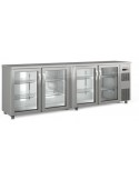 BAJO  MOSTRADOR ESTRECHO 4 PUERTAS  CRISTAL, ACERO INOX., MOD SBIE-250, MEDIDAS :L 2545 X F 530 X ALTO 850 MM