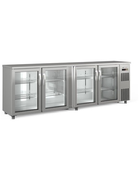 BAJO  MOSTRADOR ESTRECHO 4 PUERTAS  CRISTAL, ACERO INOX., MOD SBIE-250, MEDIDAS :L 2545 X F 530 X ALTO 850 MM