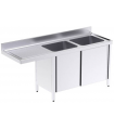 MUEBLE FREGADERO 1800X600X850mm 2 CUBETA+1 ESCURR. CON PUERTAS CORREDERAS ESPACIO LAVAVAJILLAS ACERO INOX. MOD. FBPIL618