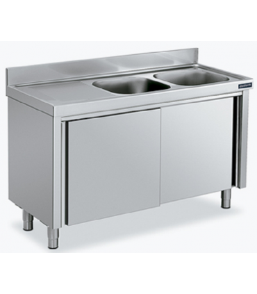 MUEBLE FREGADERO 1400X600X850mm 2CUBETA+1 ESCURR. ACERO INOX. CON PUERTAS REF.FBPI2614