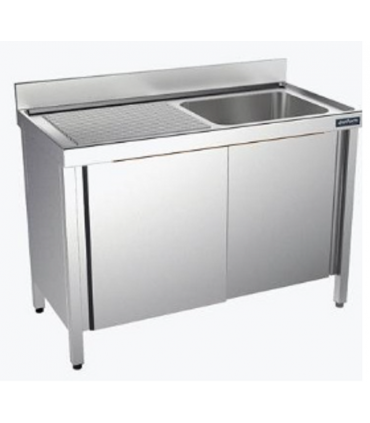 MUEBLE FREGADERO 1200X700X850mm 1 CUBETA+1 ESCURR. ACERO INOX. CON PUERTAS REF.FBPI7120