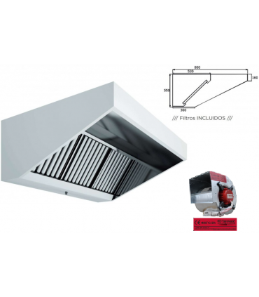 CAMPANA EXTRACTORA 1500X750MM 400ºC 2 HORAS PERFIL BAJO. MONOBLOC  3/4CV 9/9 MOD. CAMP-15004002-MS  INOX.