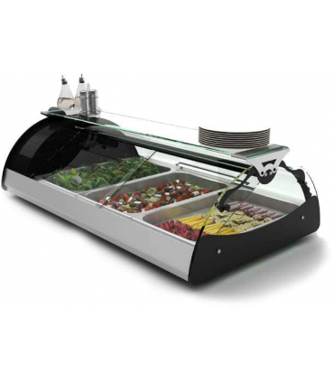 VITRINA SOBREMESA REFRIGERADA AUTOSERVICIO CON ESTANTE SUPERIOR , 3 BANDEJAS GN 1/1, MÁXIMA VISIBILIDAD , SAYL MOD VMX3E
