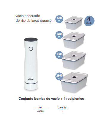 BOMBA DE VACÍO PARA RECIPIENTES Y BOLSAS CON VÁVULA ,INCLUYE 4 RECIPIENTES) LACOR 69698