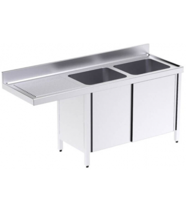 MUEBLE FREGADERO 1800X700X850mm 2 CUBETA+1 ESCURR. CON PUERTAS CORREDERAS ESPACIO LAVAVAJILLAS ACERO INOX. MOD. FBPIL718