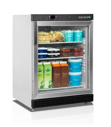 ARMARIO FRIGORÍFICO BLANCO PUERTA DE CRISTAL TEFCOLD MEDIDAS L600xF585xA855 MODELO UR200G